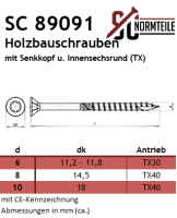 Wood construction screw with countersunk head and TX - 6x140 - TX30 - SC 89091 - Galvanized steel - ETA approval (CE)